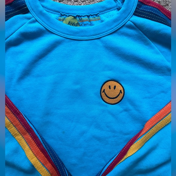 AVIATOR NATION Neon Blue Smiley Embroidered Sweatshirt | Size Medium - Picture 2 of 4